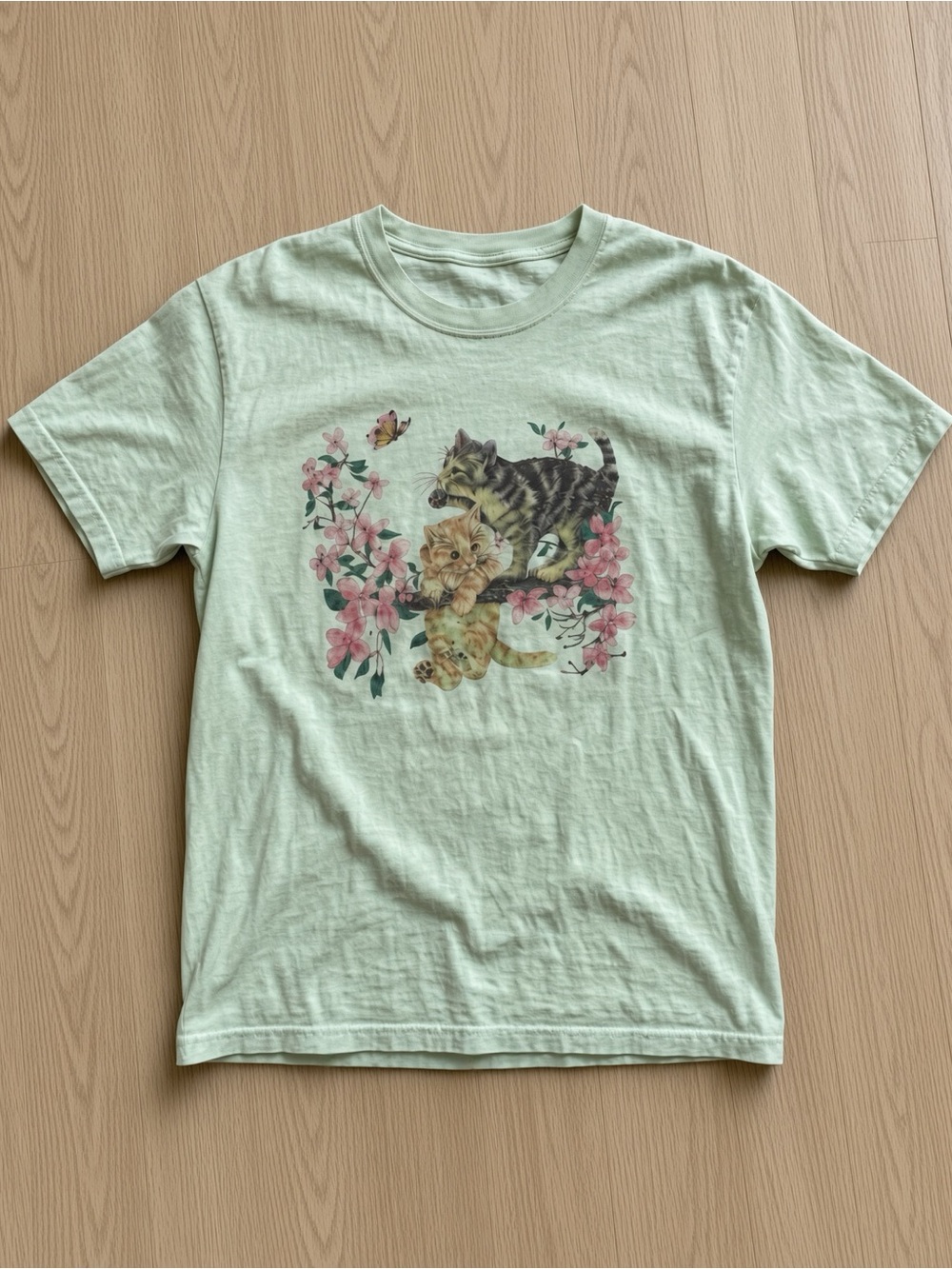 Gildan Light Green Tee with Kitten & Floral Graphic